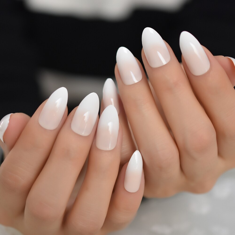 Glossy Gradient Rainbow Ombre French Press on Nails Almond Fake Nails Stiletto Oval Pointed Manicure False Nails Finger Tips