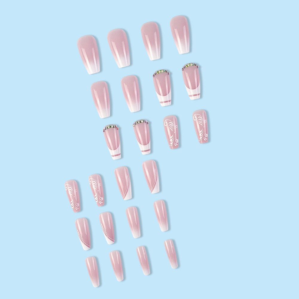 Trendy Rhinestones False Nail Tips With Print Designs Ballerina Manicure French White Fringe Coffin Fake Nails Set Press on Nail