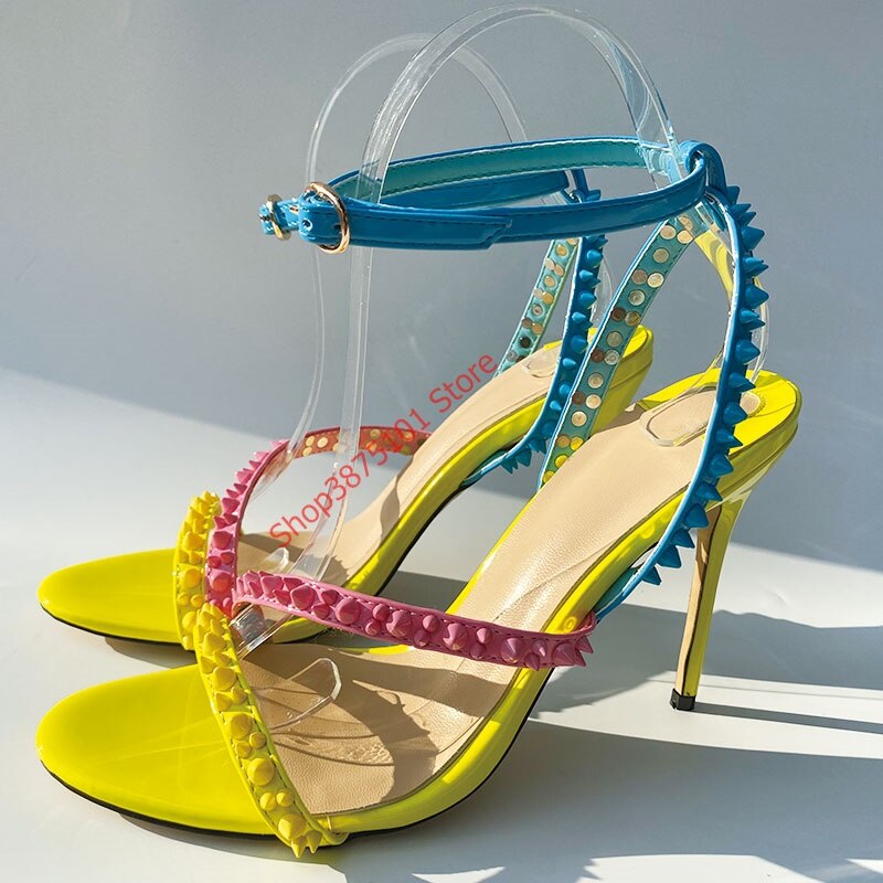 Rivets Cross Strap Summer Heels Sandals Women Thin Heels Sandals Color Studded Summer Classic Party Shoes