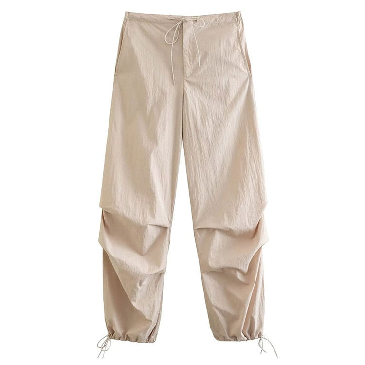 TRAF Women Fashion Side Pockets Pleats Knee Jogging Pants Vintage High Elastic Waist With Drawstring Female Trousers Mujer