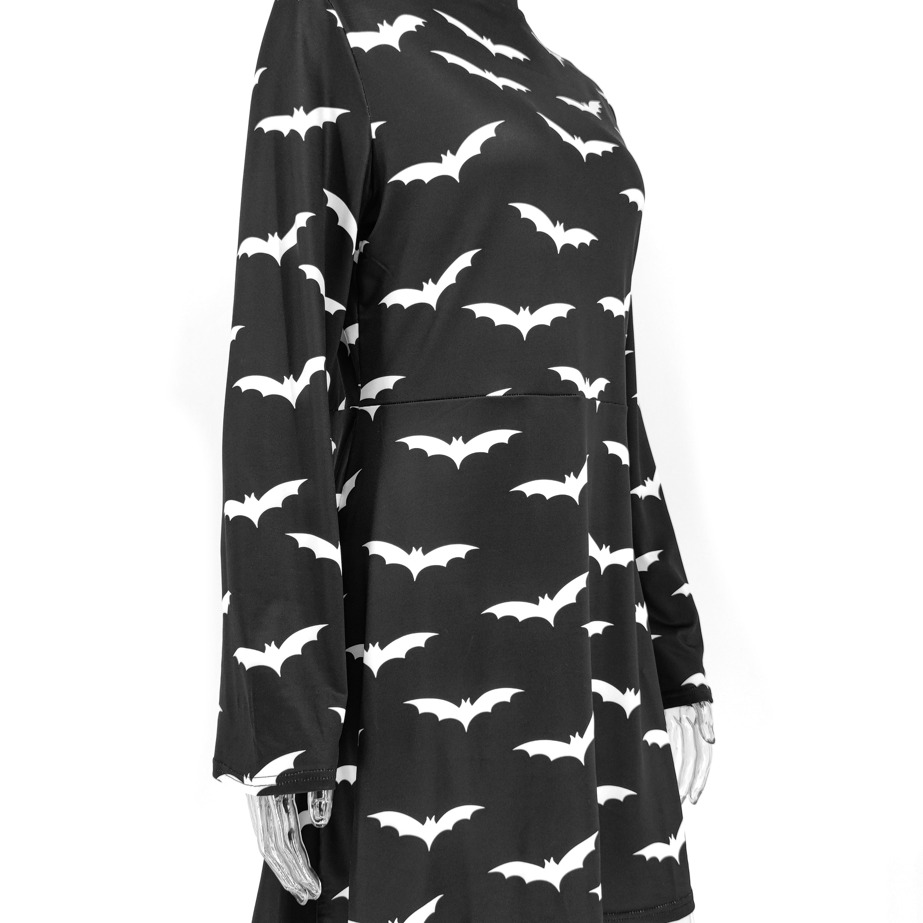 Gothic Black Bat Printed Dress Tutleneck for Women Long Sleeve Spring Fall Punk Vestidos Party Outfits Soft Clothes