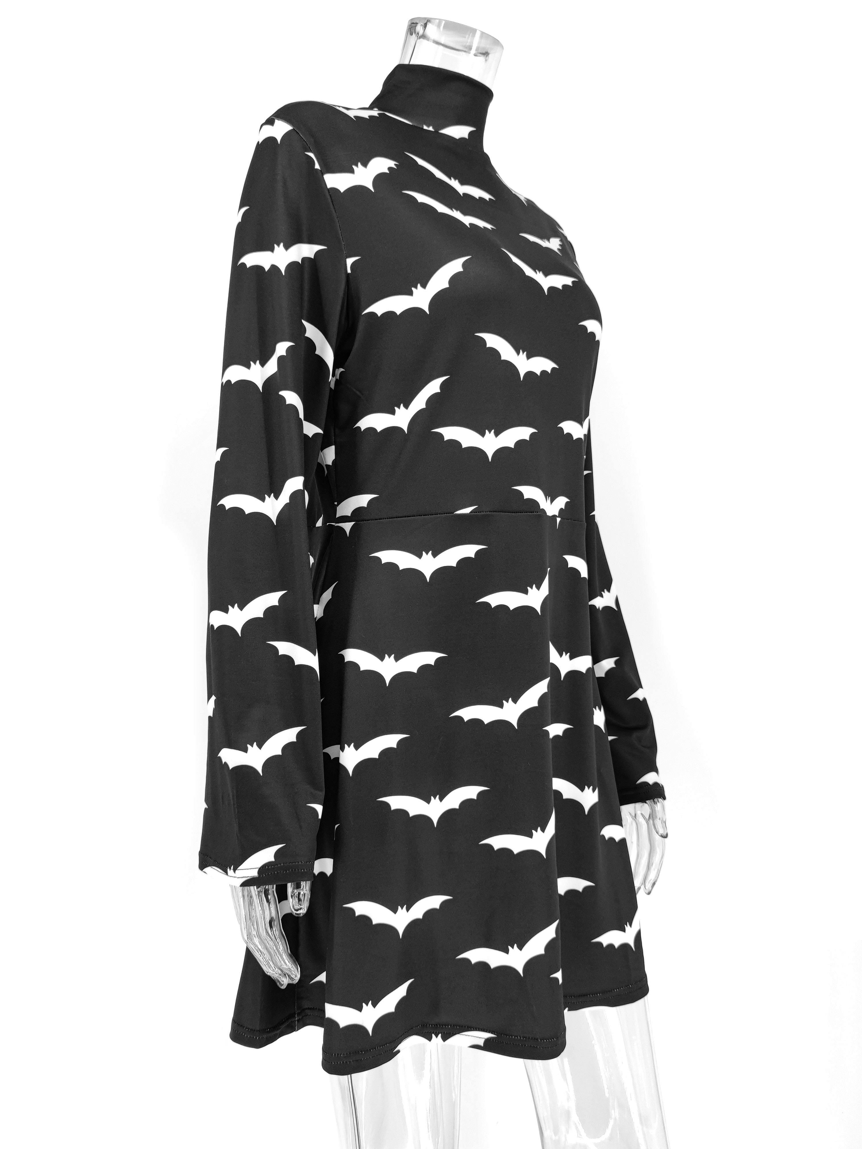 Gothic Black Bat Printed Dress Tutleneck for Women Long Sleeve Spring Fall Punk Vestidos Party Outfits Soft Clothes