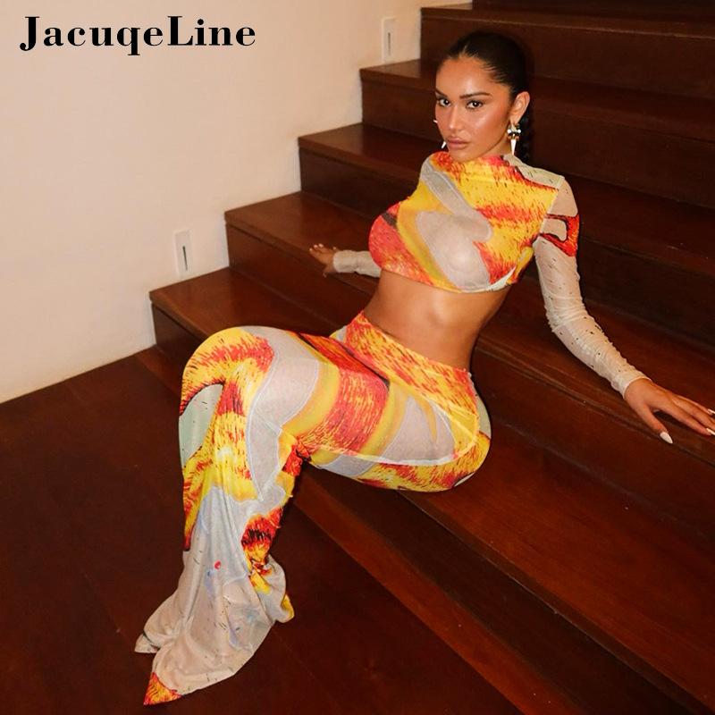 Jacuqeline Sexy Mesh See Through Print Dress Sets Club Party Clothing Long Sleeve Crop Tops and Low Waist Long Skirt Sets