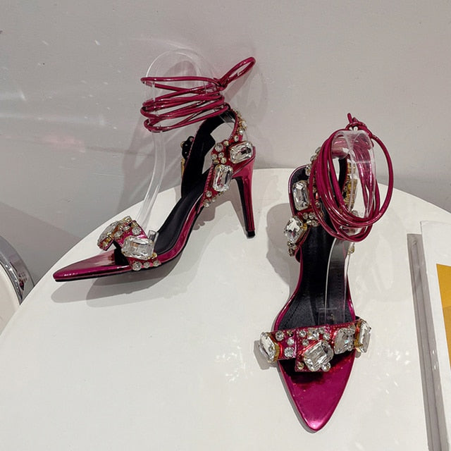 Sexy Ankle Strap Golded Sandals Women Party Nightclub Stripper Heels Crystal Diamond Pointed Toe Wedding Shoe 8.5CM Mei red