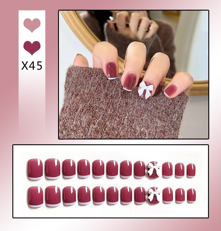 24PCS/Box Bowknot Rabbit Pattern Pearl Short Square Designer Fashion Design French Style Full Covering Pressed Fake Nails
