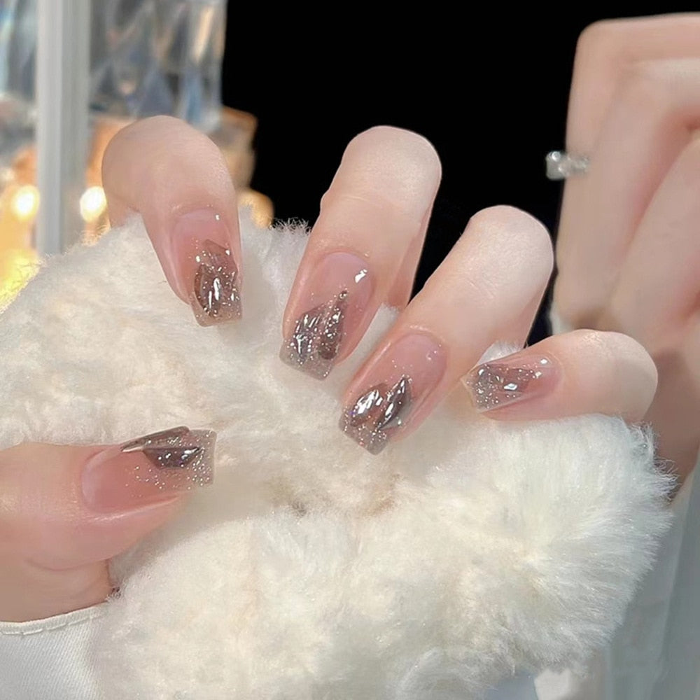 Gradient Fake Nails Press on Nail Diamond Cross Art Long Tips False Forms with Glue Stick Stickers Reusable Set DZ197