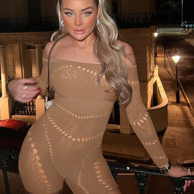 Sisterlinda Sexy Hollow See Through Romper Women Long Sleeve One Shoulder Skinny One Piece Playsuit Female Workout Overalls Brown One Size