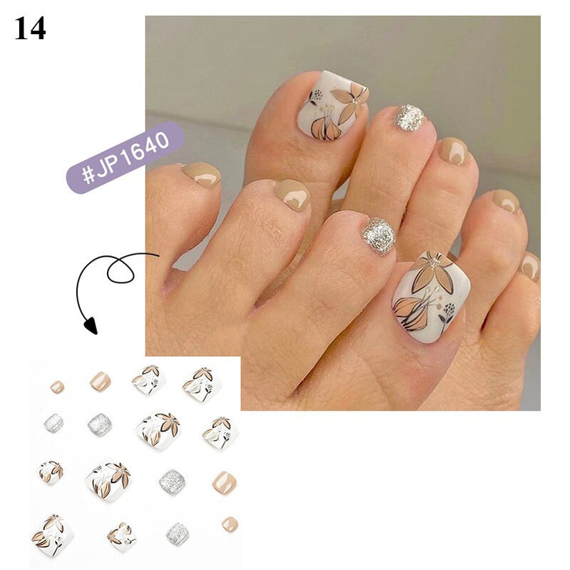False Toenail 24Pcs/Box Toe Nail 3D Glitter Decor Press On Fake Nails With Glue Detachable Square Short Full Cover DIY Nail Tips 14