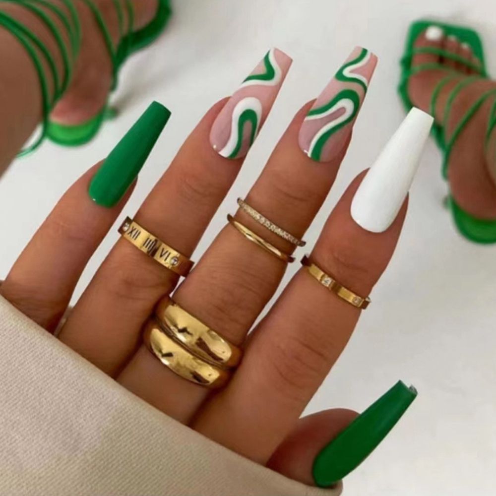 French Ballet False Nails With Gold Foil Glitter Designs Wearable Long Coffin Ballerina Press On Fake Nails Full Cover Nail Tips