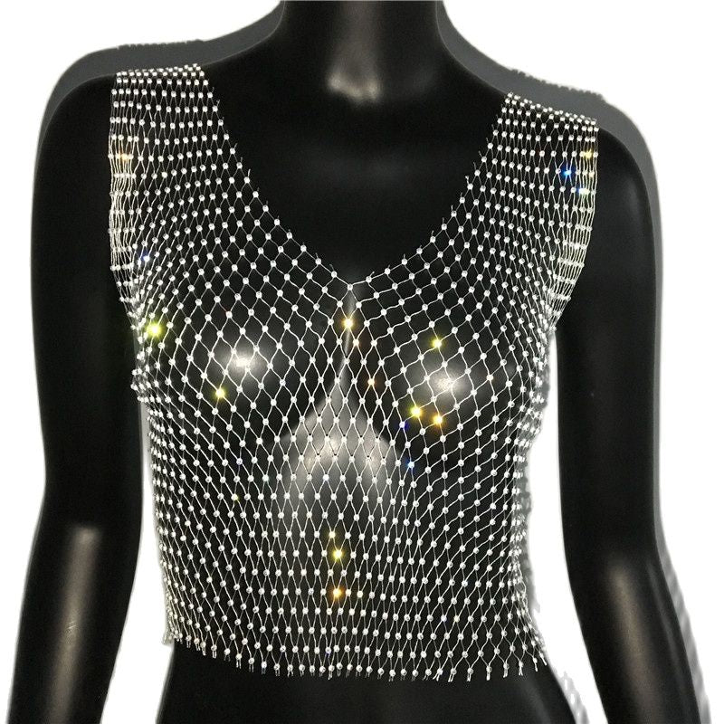 Women's Fishnet Rhinestone Crop Top 2023 Summer Sexy Mesh High Elastic Black White Shirt Net See Through Rave Diamond Tank Top White V neck