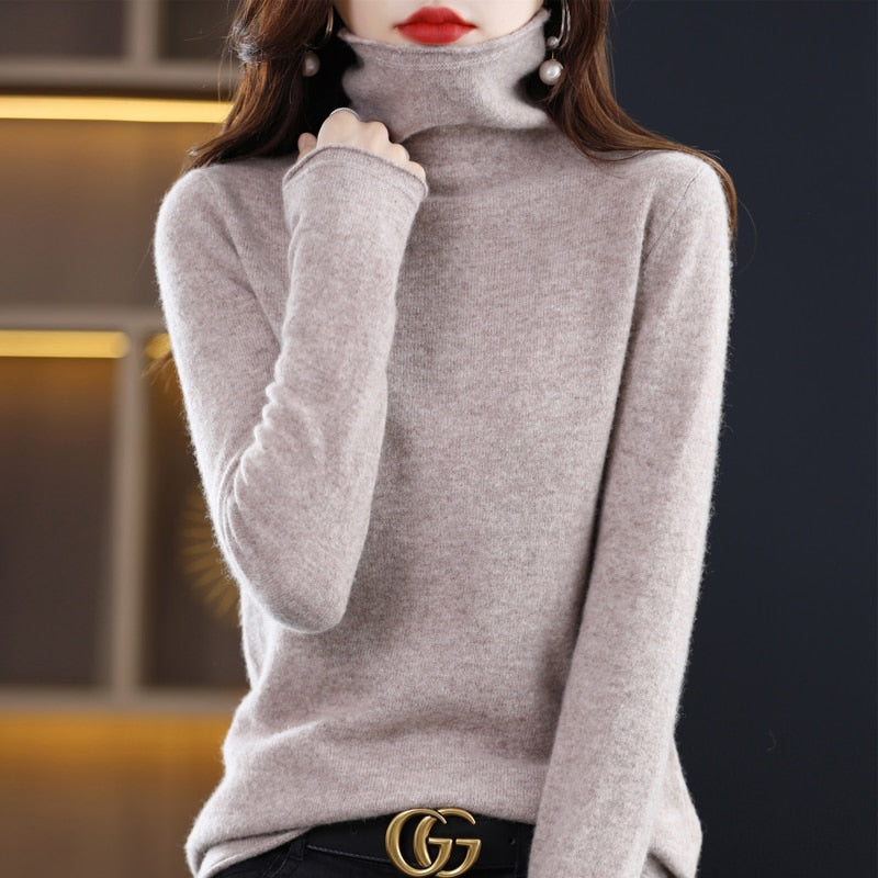 Pure Wool Women Sweater Autumn Winter Fashion Pile Collar Pullover Cashmere Sweater Casual Long-sleeved Knitted Tops