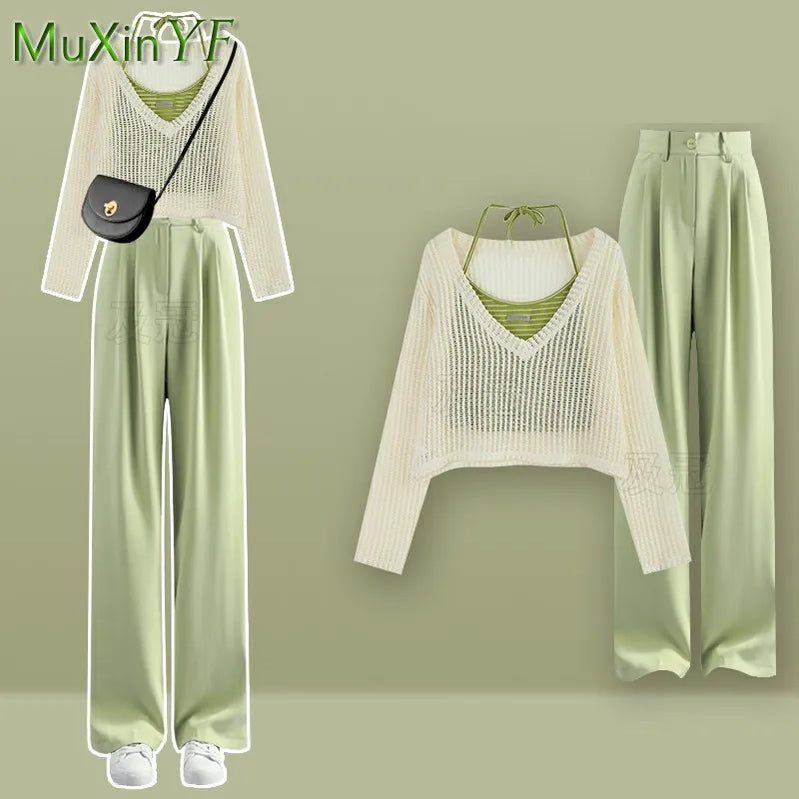 Women's Summer Fashion Hollow Out Shirt+Suspender+Wide Leg Pants Three Piece New in Matching Set Korean Elegant Tracksuit