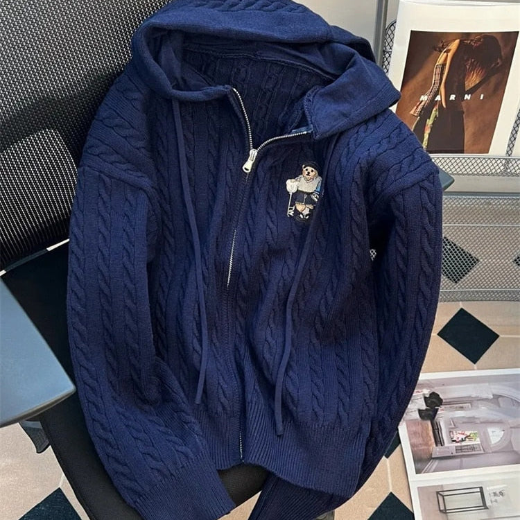 Vintage Hooded Loose Knitted Cardigan Long Sleeve Zipper Tops Retro Women Spring Fall Sweater Casual New Knitwears Gilet