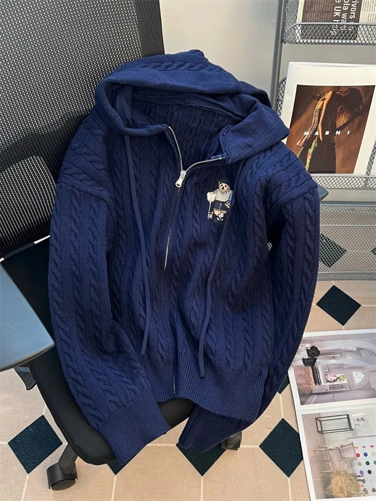 Vintage Hooded Loose Knitted Cardigan Long Sleeve Zipper Tops Retro Women Spring Fall Sweater Casual New Knitwears Gilet