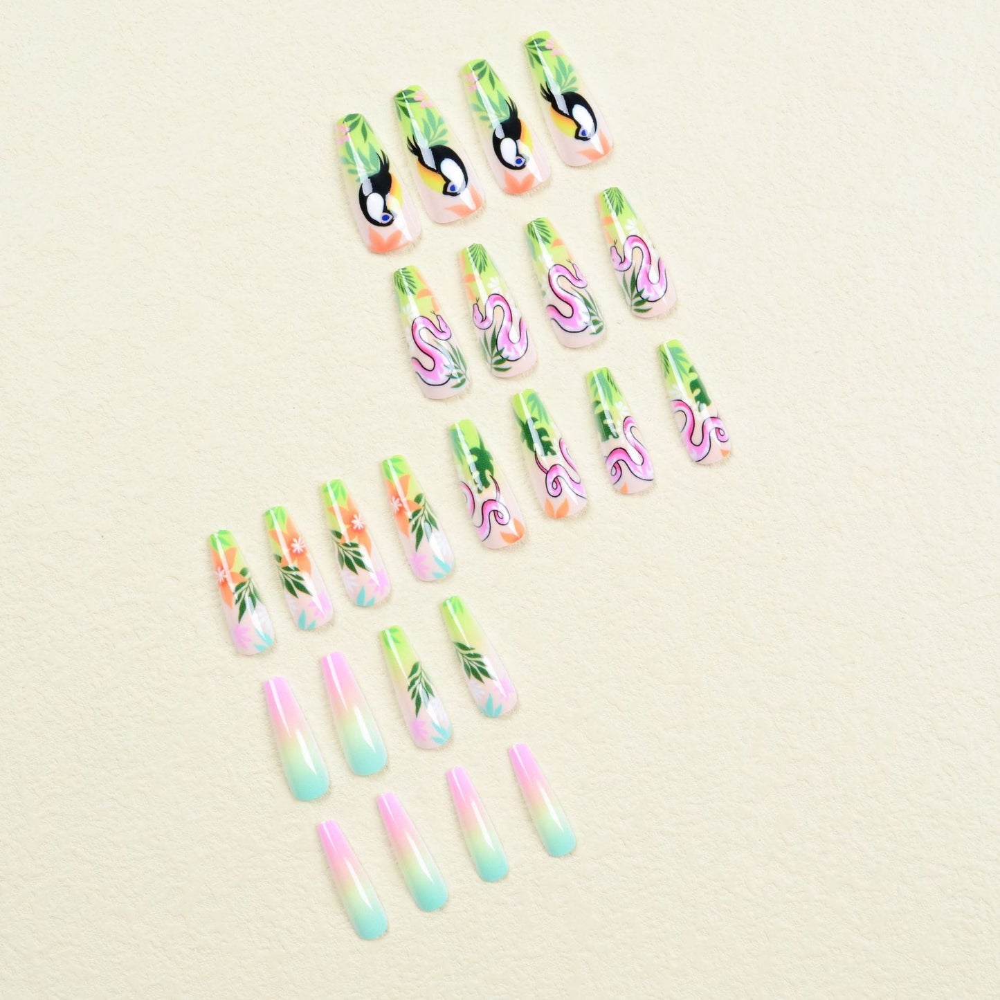 24pcs/set fake nails accessories Spring summer brids snake leaf designs long french coffin tips faux ongles press on false nail