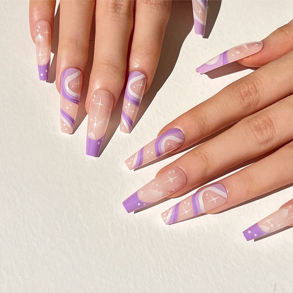 French Ballet False Nails With Gold Foil Glitter Designs Wearable Long Coffin Ballerina Press On Fake Nails Full Cover Nail Tips