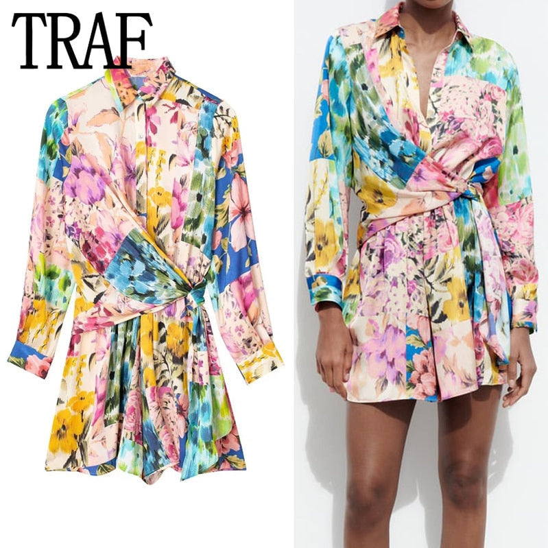 Woman Short Playsuit Patchwork Print Female Jumpsuit Knot Long Sleeve Women's Summer Playsuit Beach Women Jumpsuits