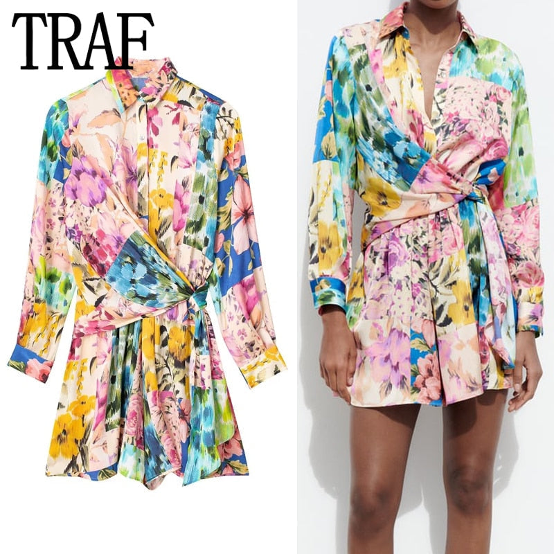 Woman Short Playsuit Patchwork Print Female Jumpsuit Knot Long Sleeve Women's Summer Playsuit Beach Women Jumpsuits