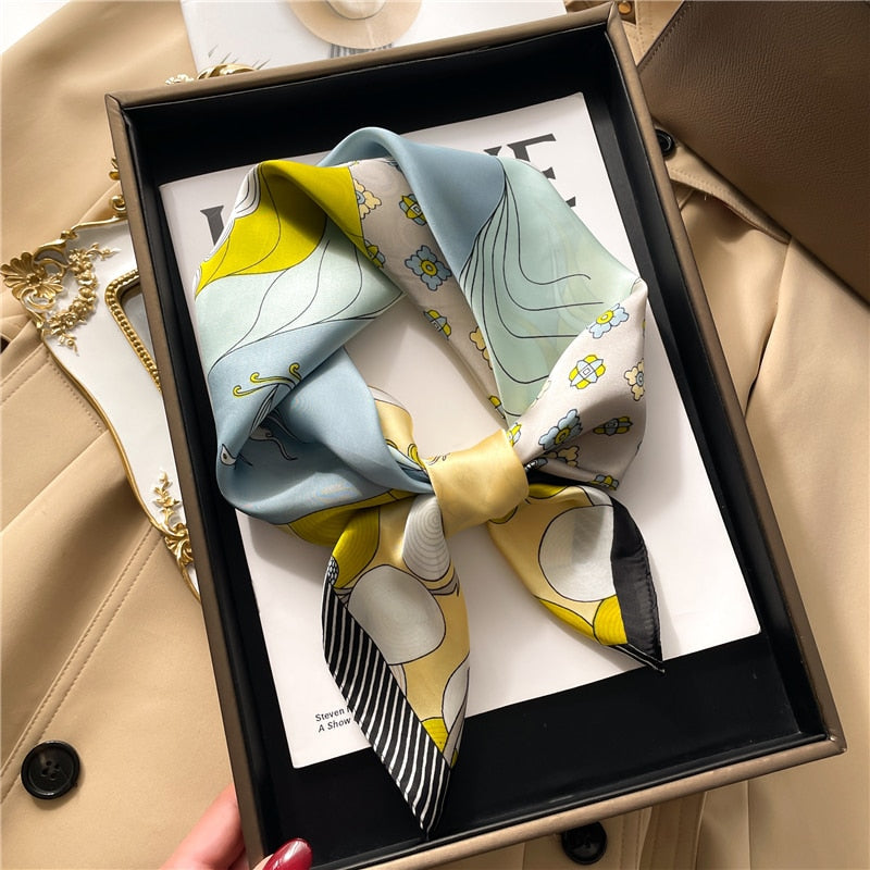 Luxury Print Satin Silk Square Scarf for Women Shawl Hijab Neckerchief Female Hair Ribbon Headband Fashion Wrap Bandana New FJ243-7