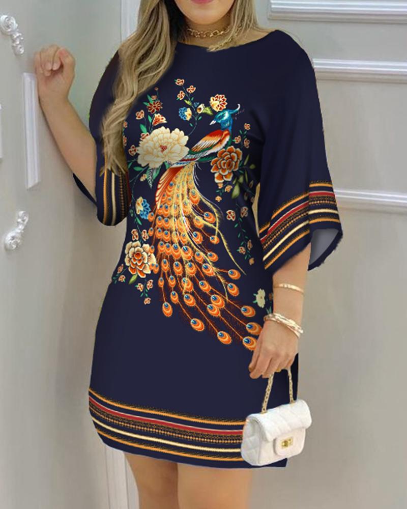 Women's Dress Summer Fashion Tropical Print Half Sleeve O-Neck Dresses Female Casual Party Beach Mini Loose Dress Vestidos