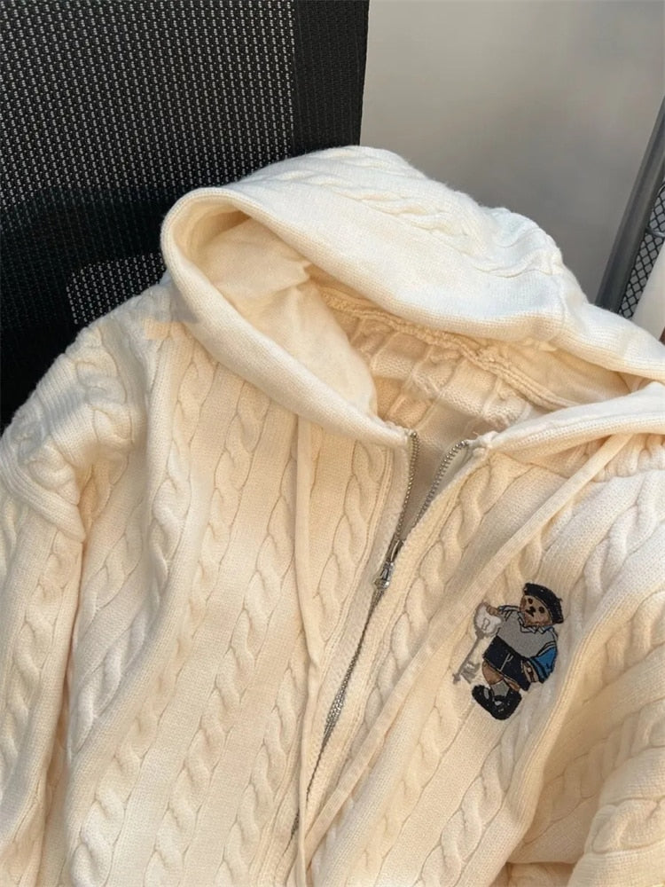 Vintage Hooded Loose Knitted Cardigan Long Sleeve Zipper Tops Retro Women Spring Fall Sweater Casual New Knitwears Gilet