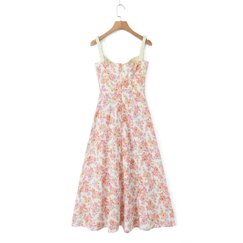 YENKYE 2023 Women French Style Floral Print A-line Midi Sling Dress Sexy Sleeveless Front Slit Female Holiday Party Summer Dress