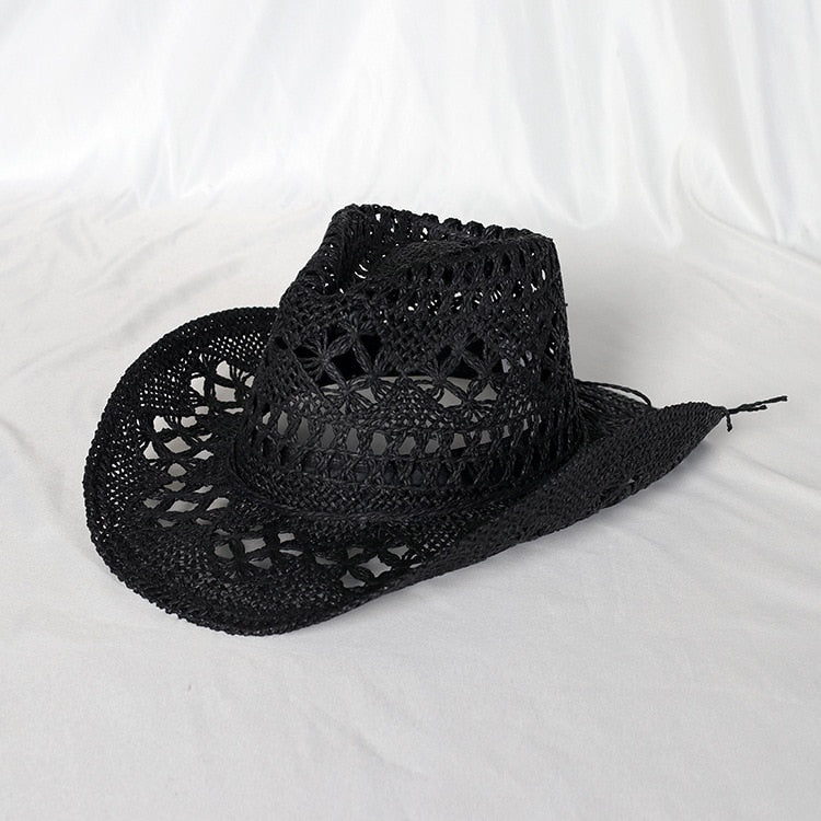 Cowboy hat fashion hollow handmade cowboy straw hat men's summer outdoor travel beach hat unisex solid color western cowboy hat 5 M55-58cm