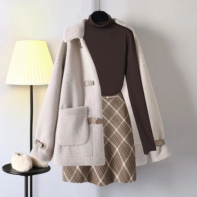 Women's Autumn Winter Lamb Coats Plaid Skirts Bottoming Tops 1 or 3 Piece Set Korean Lady Graceful Outfits Preppy Style Suits Set