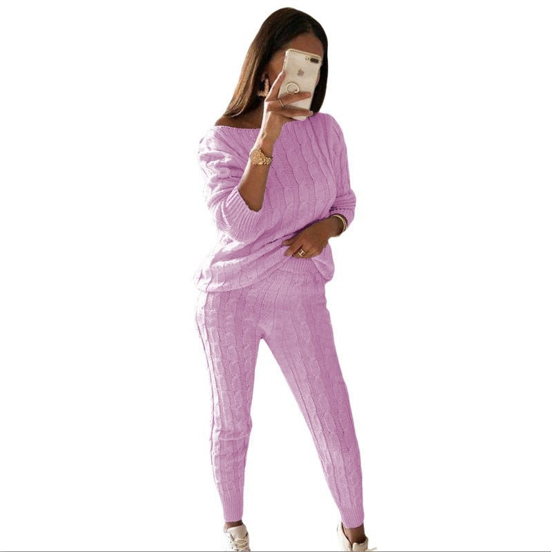 New Autumn Winter Women Knitted Tracksuit Two Piece Set Female Sweater Tops + Elastic Waist Pant Knitted Suit Women Outfits Violet TZ135
