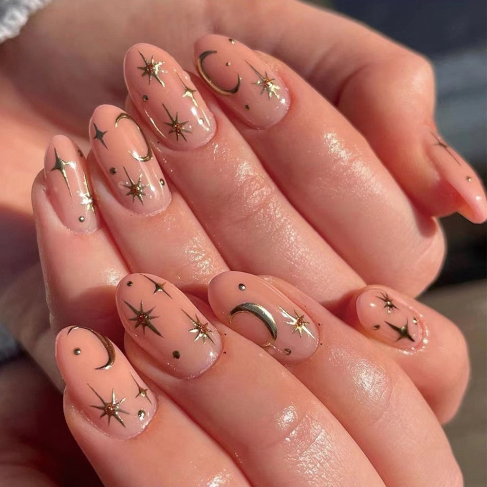 New Medium Coffin Fake Nails 24pcs Gold Eye Pattern Artificial Nails For Girls Wearable Full Cover European False Nail Tips CN B2