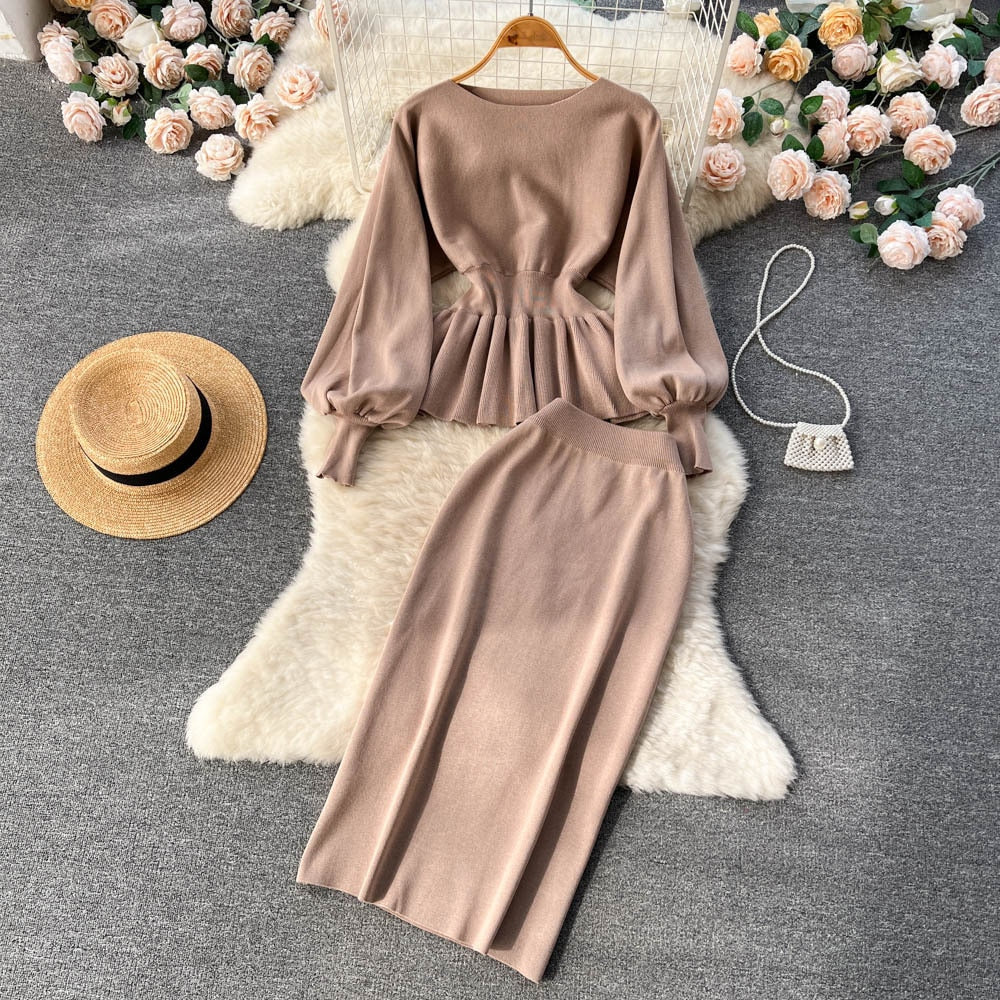 Autumn Women Set Knitting Costume Turtleneck Solid Color Pullover Sweater Slim Skirt Two Piece Suits Chic Casual Outfits