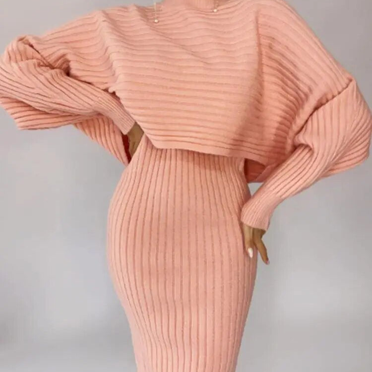 BubbleKiss Elegant Slim Two-piece Dress Sets Winter Women Knitted Dress Set Autumn Sweater Tank Dress Outfit Female Home Suit