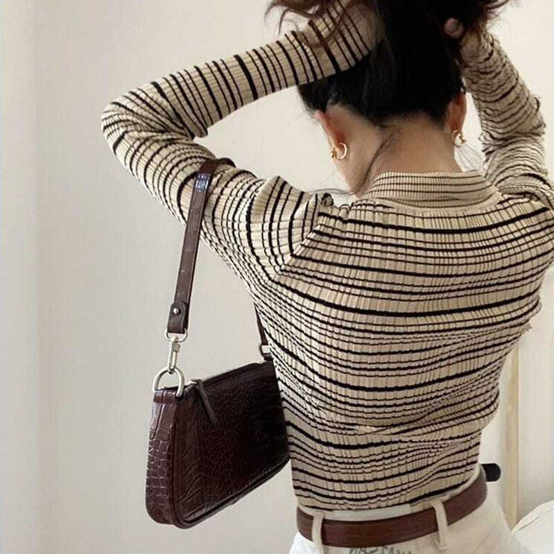 HELIAR Women Polo Collar Single Breasted Cardigan Sweater Striped Long Sleeve Jumpers Knit Office Sweater For Women Fall Winter