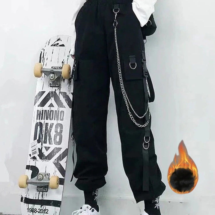 Women Cargo Pants Harem Pants Fashion Punk Pockets Jogger Trousers With Chain Harajuku Elastics High Waist Streetwear Black with velvet