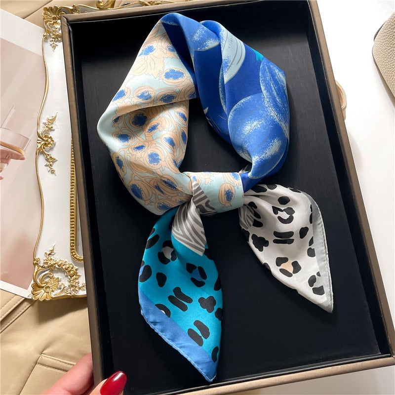 Fashion Hair Scarf for Women Decor Headband Ribbon Satin Silk Square Scarves Lady Wrist Wrap Shawls Design Bandana Foulard FJ715-1
