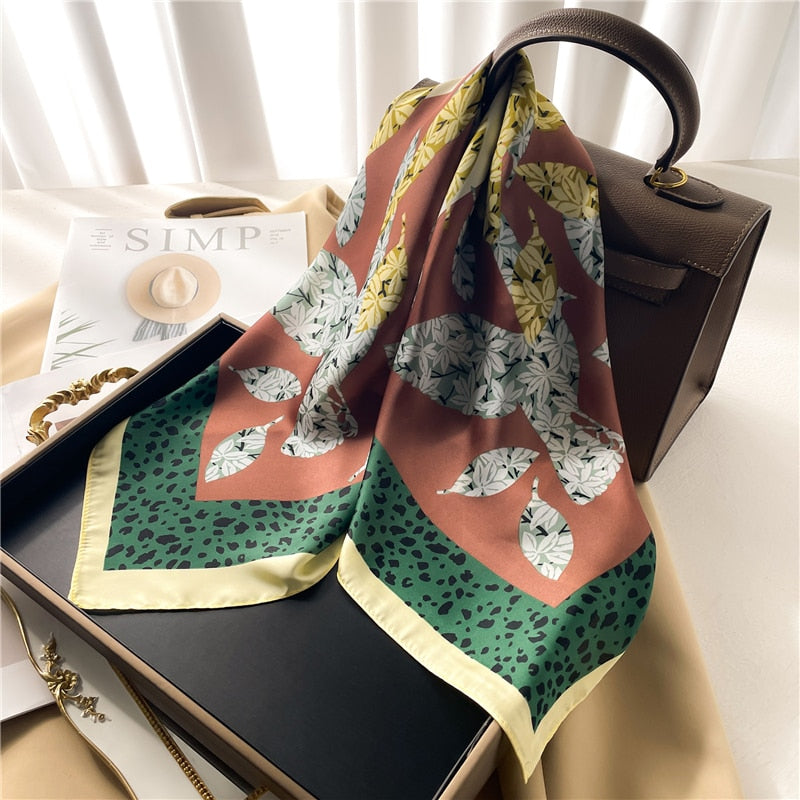 Luxury Print Satin Silk Square Scarf for Women Shawl Hijab Neckerchief Female Hair Ribbon Headband Fashion Wrap Bandana New FJ668-2