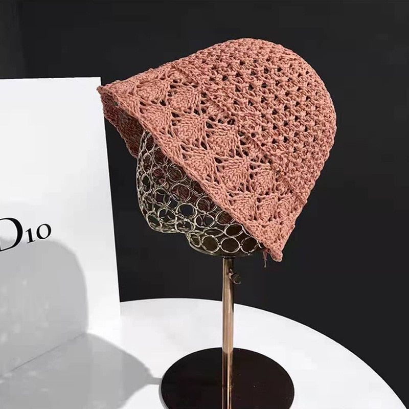 Sunscreen Hat Women's Net Red ins Korean Bucket Hat Hollow out Fisherman Basin Hat Outdoor Knitted Sun Shield Hat 16 55-58CM