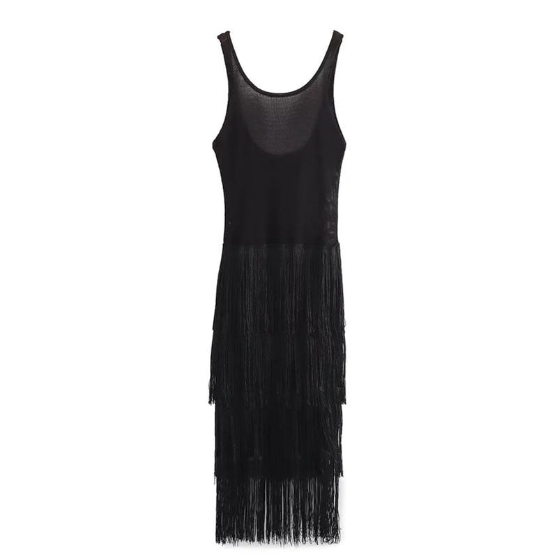Fringing Slip Dress Summer Dresses For Women Backless Sleeveless Casual Long One-Piece Dress Elegant Prom Party Dress Black