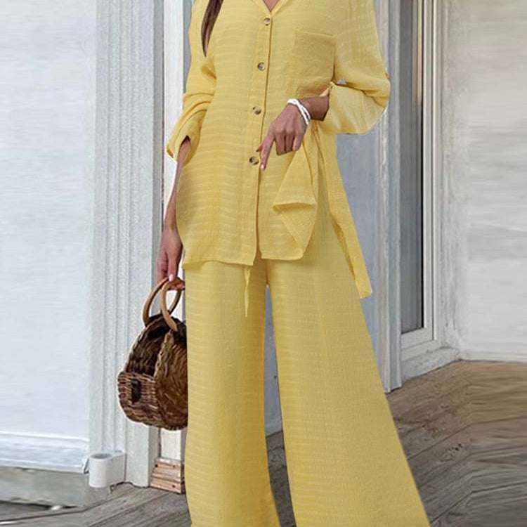 Fashion Women Leopard Print Pant Sets Casual Loose Tops and Pant Outfits Autumn Wide Leg Pant Leisure Two Piece Sets (Solid)Yellow