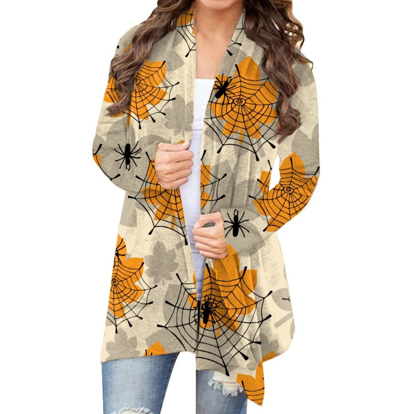 Halloween Printed Cardigan Women Casual Ghost Cat Cartoon Festival Fashion Long Sleeve Casual Cardigan Jacket Coat Top Jersey