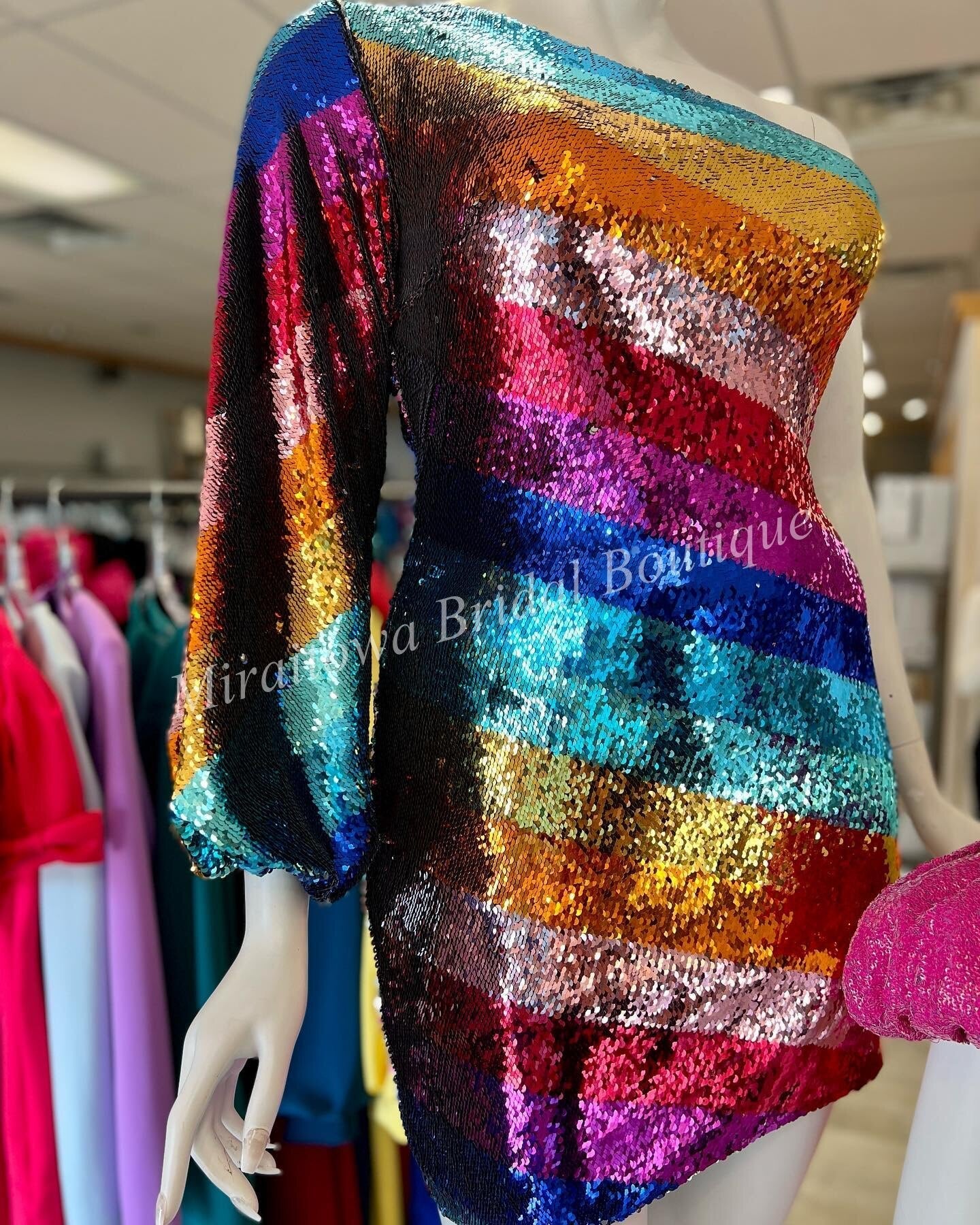 Multicolor Cocktail NYE Dress One Long Sleeve Rainbow Sequins Lady Formal Event Mini Party Gown Club Night Out Hoco Gala