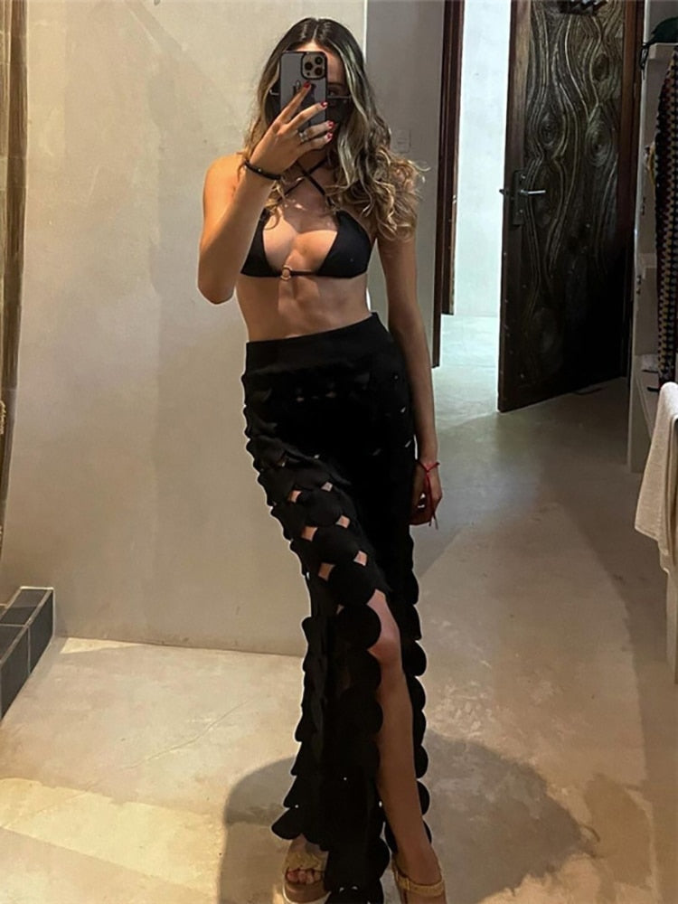 Fantoye Sexy Hollow Out A-line Women Skirt Black See Through High Waist Skirt Female Summer New Slim Elegant Party Clubwear 2023