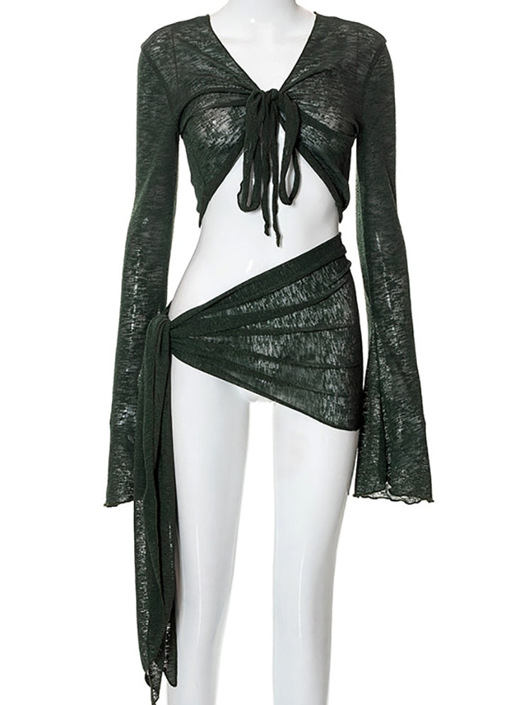 Abdieso Green Summer Sexy Beach Dress Sets Women See Through Outfits White Long Sleeve Crop Top and Mini Skirt 2 Pieces Set Green