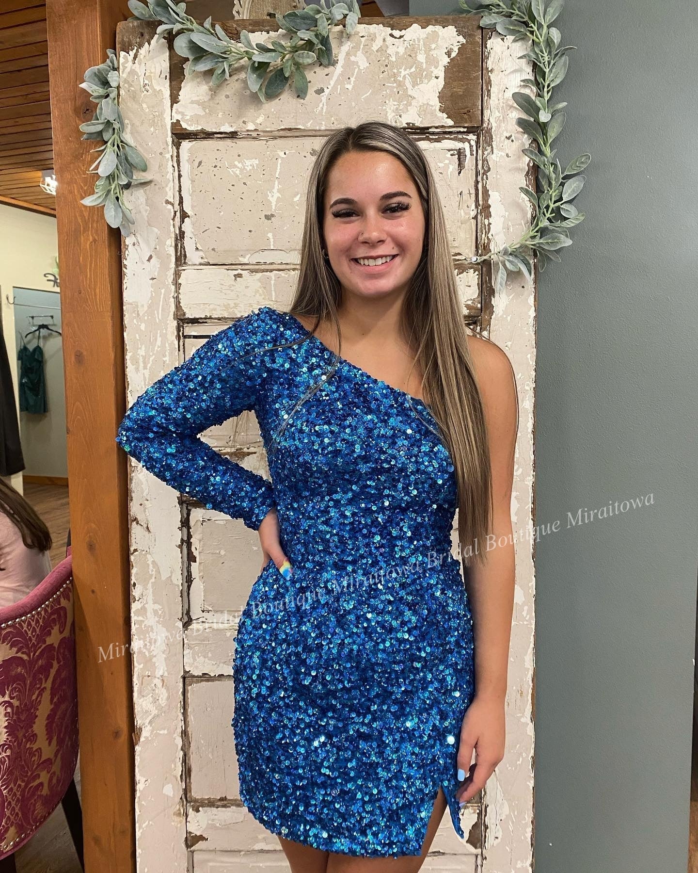 Pink Sequin Mini Cocktail NYE Dress Long Sleeve Lady Formal Event Homecoming Party Gown Club Night Hoco Gala One-Shoulder