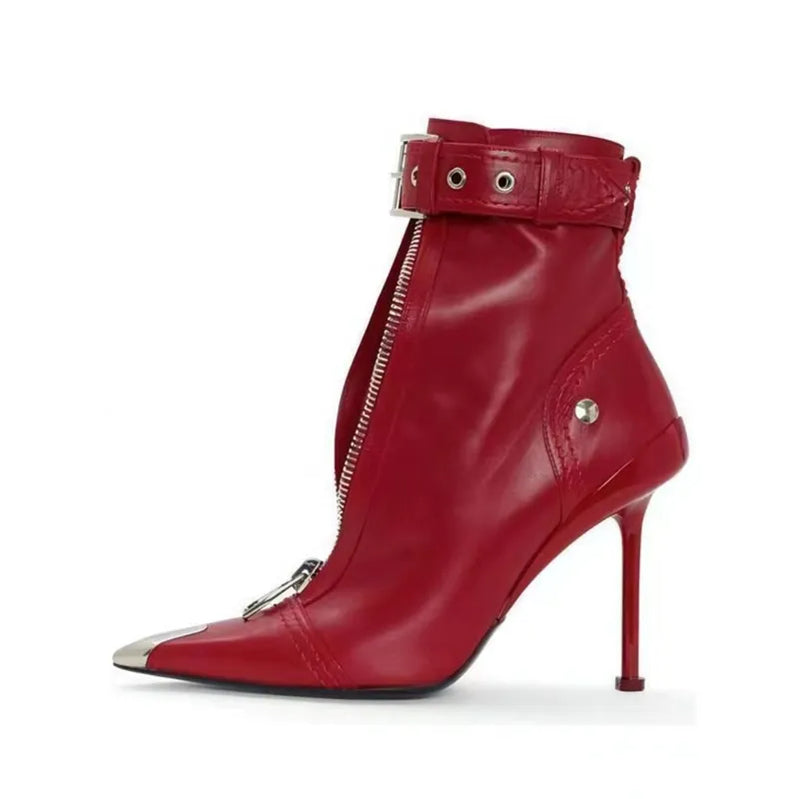 Belt Buckle Front Zipper Fashion Show Short Boots Women's Autumn Winter New Pointed Metal Decoration Red High Heels Ankle Boots BSFR485 Red
