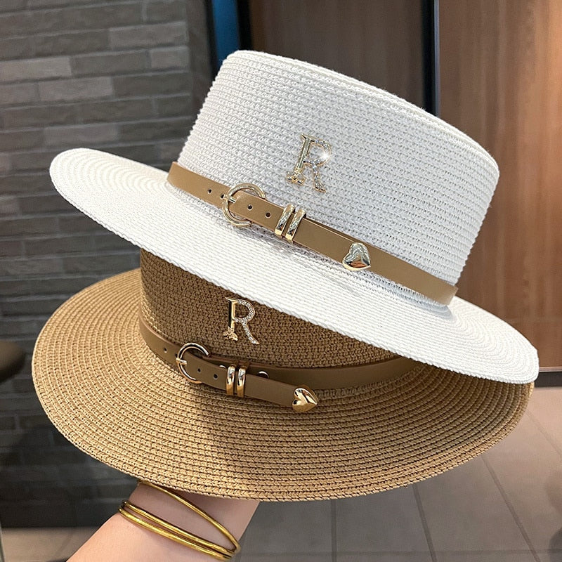 2023 New Metal R Letter Buckle Straw Hat Leisure Summer Sunscreen Hat Women's Fashionable Beach Hat Vintage Hat Church Hats