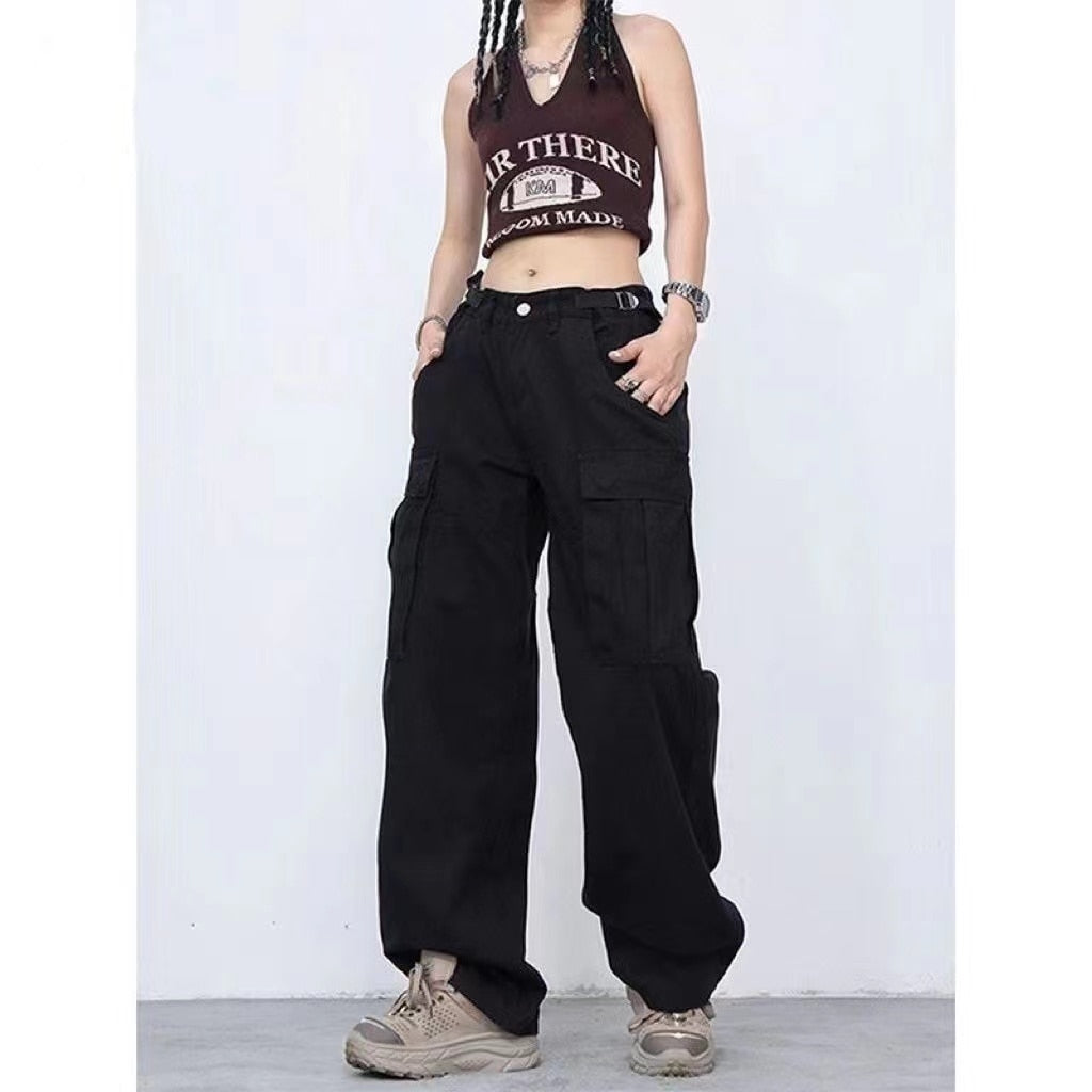 Pocket Solid Color Overalls Jeans Women's Y2K Street Retro Loose Wide-Leg Overalls Couple Casual Joker Mopping Jeans Pants Women