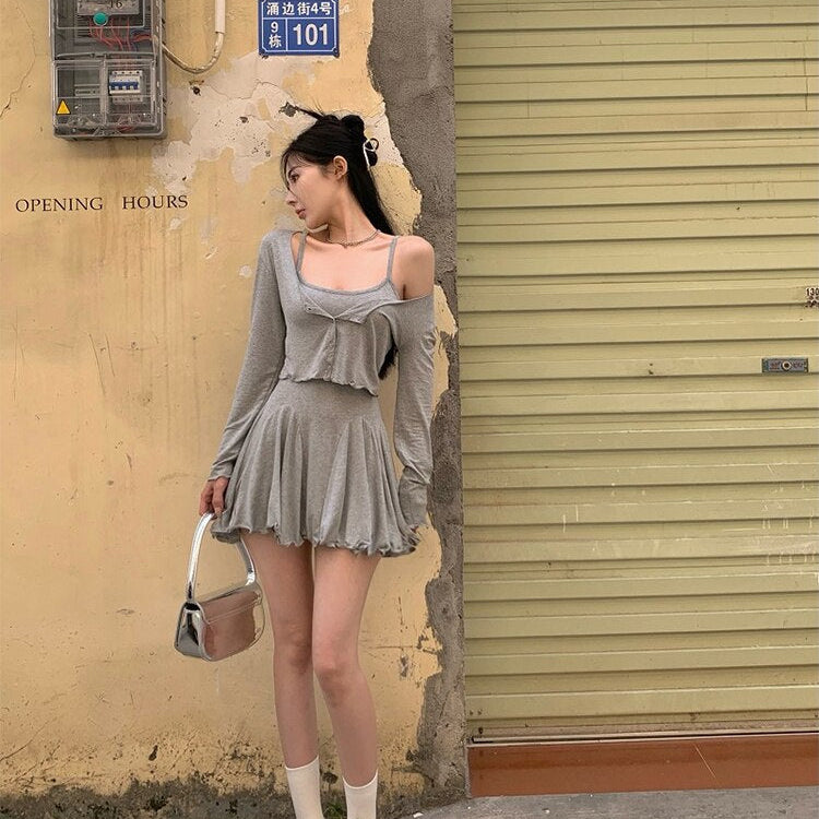 Fall Women Vacation Outfits 2 Piece Dress Set Solid Color Long Sleeve Cardigan Top + 2000s Aesthetic Mini Gyaru Pleated Dresses