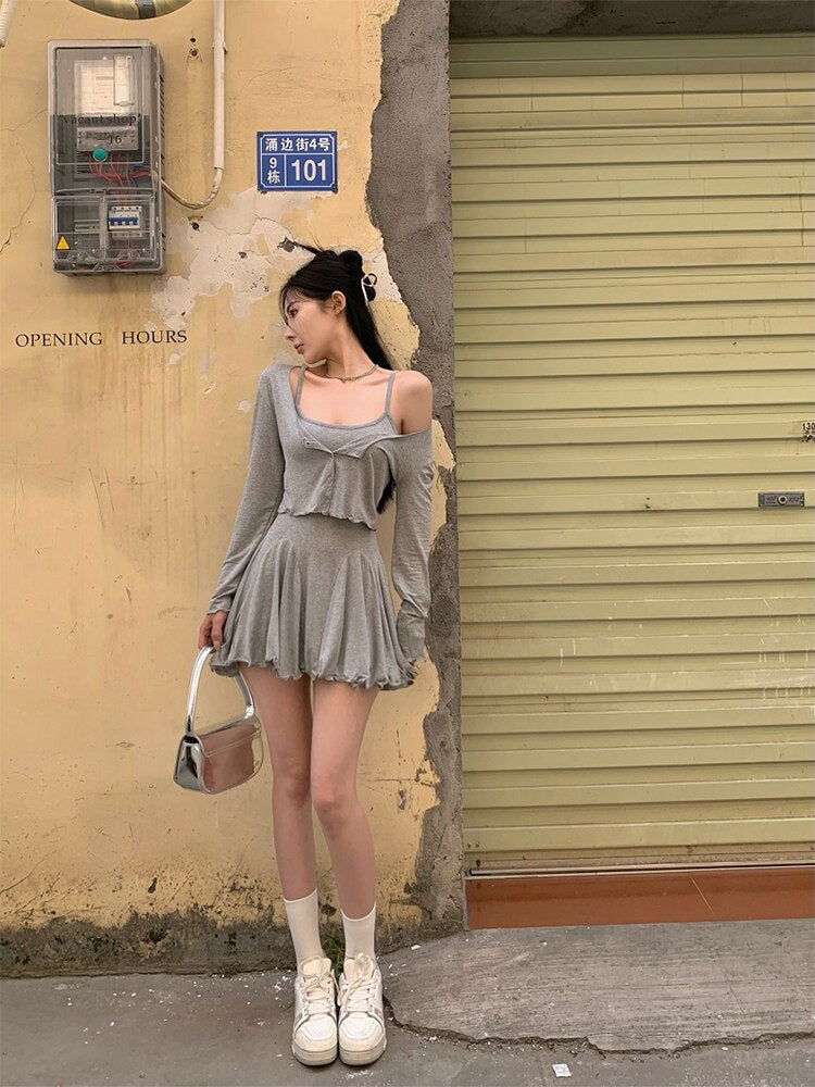 Fall Women Vacation Outfits 2 Piece Dress Set Solid Color Long Sleeve Cardigan Top + 2000s Aesthetic Mini Gyaru Pleated Dresses
