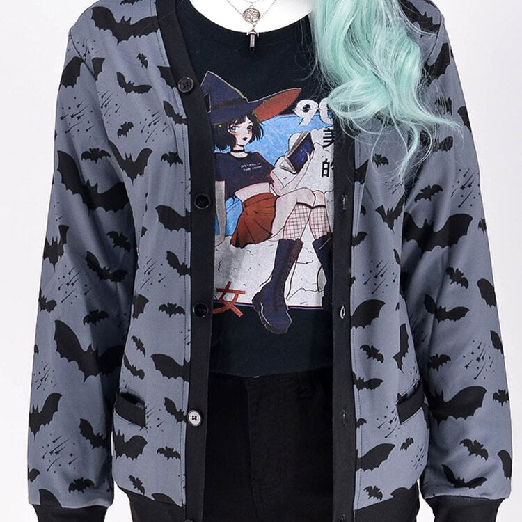 Gothic Black Bat Print Ladies Jacket Fall Loose Casual Zip-Up Top Y2K Party Fashion Top